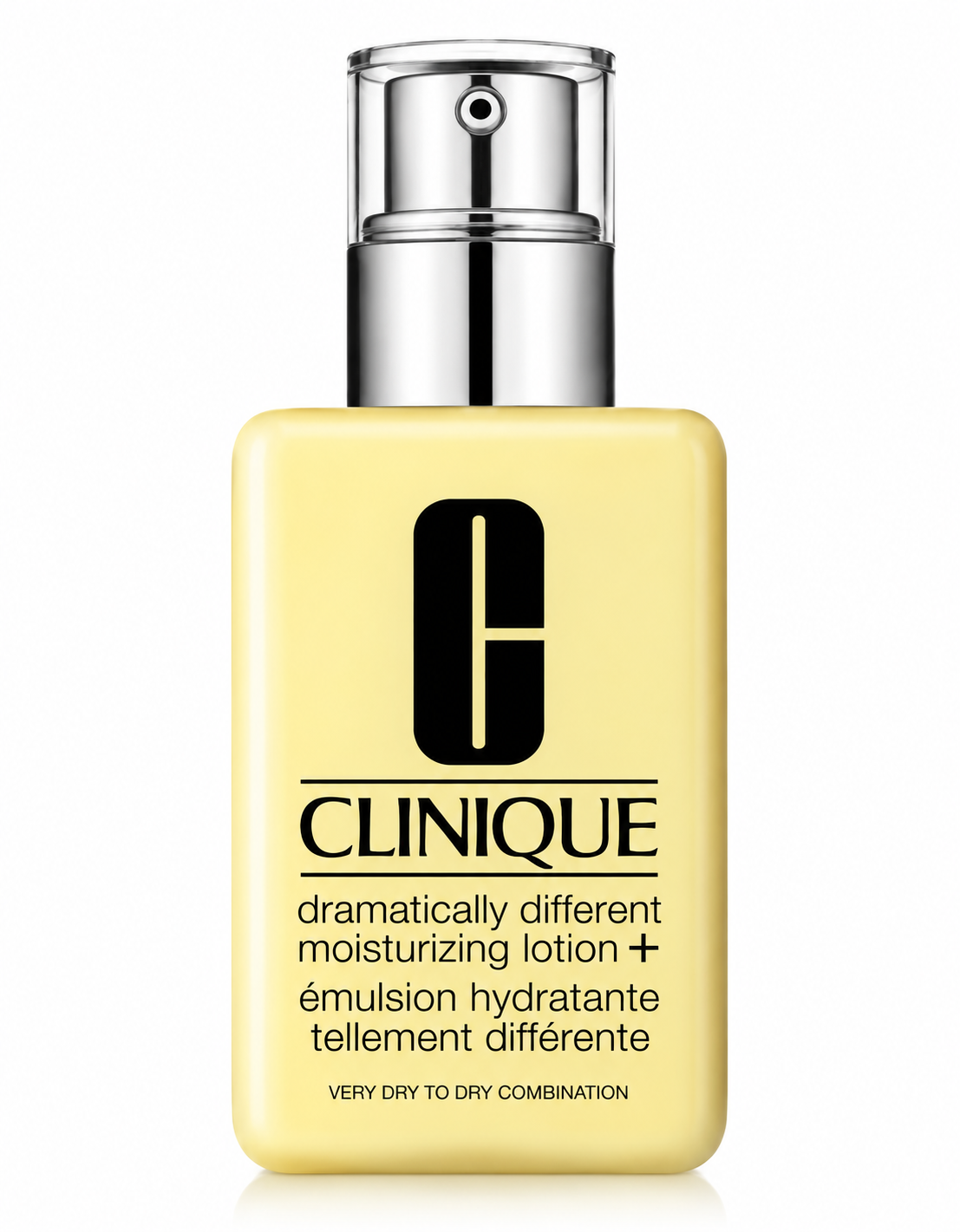 Clinique Dramatically Different Moisturizing Lotion+ in its signature pale yellow bottle with a silver pump and transparent cap. Hydrating facial moisturizer for very dry to dry combination skin, featuring the iconic black Clinique logo on a clean white background.
