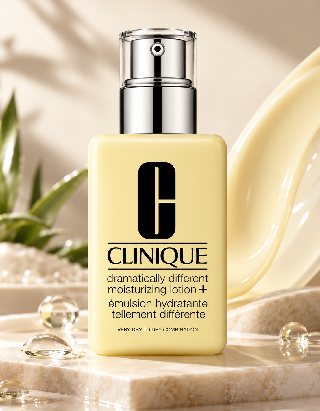 Clinique Dramatically Different Moisturizing Lotion+ elegantly displayed on a warm beige marble surface with delicate water droplets, green botanical leaves and a creamy lotion texture. Nourishing facial moisturizer for very dry to dry combination skin, presented in a luxurious skincare setting.