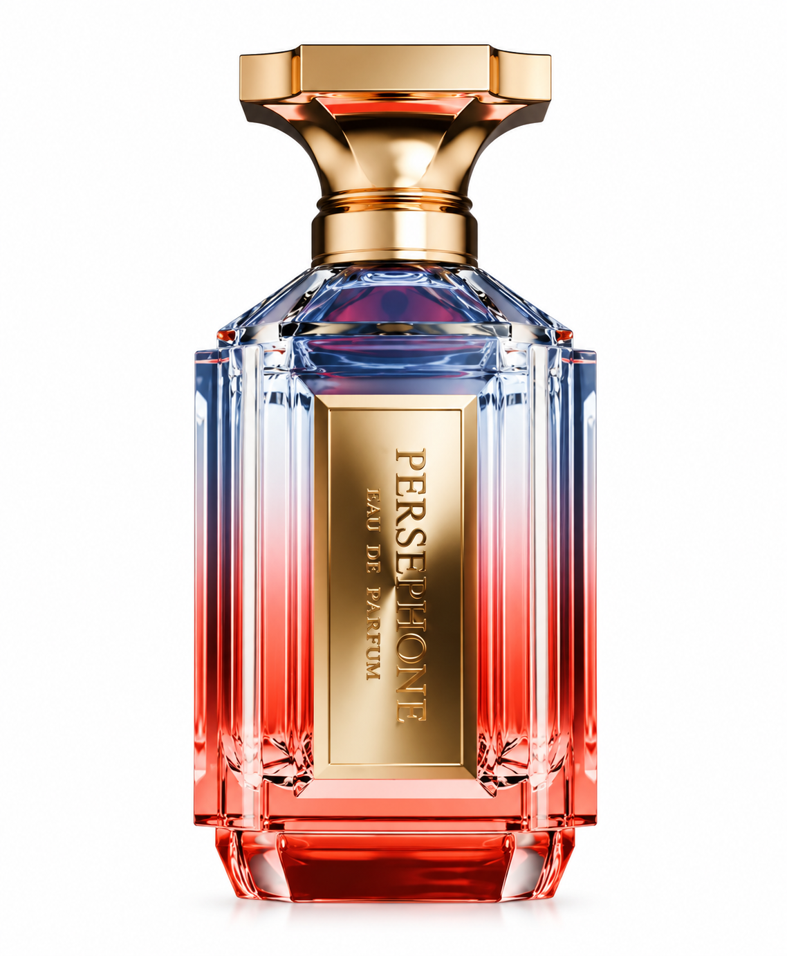 Persephone Eau de Parfum in a luxurious faceted glass bottle with a blue-to-coral red gradient, finished with a sculptural gold cap and vertical gold Persephone plaque on a clean white background.