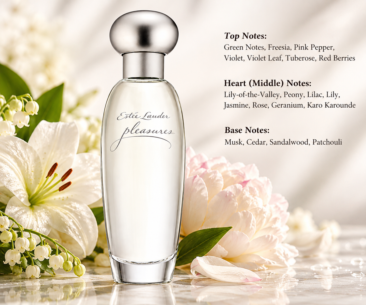 Estée Lauder Pleasures Eau de Parfum for women in an elegant clear glass bottle with a silver cap, surrounded by white lilies, lily-of-the-valley and soft pink peonies. A fresh floral fragrance with jasmine, rose, freesia and delicate musk notes, presented in a bright, romantic garden-inspired setting.