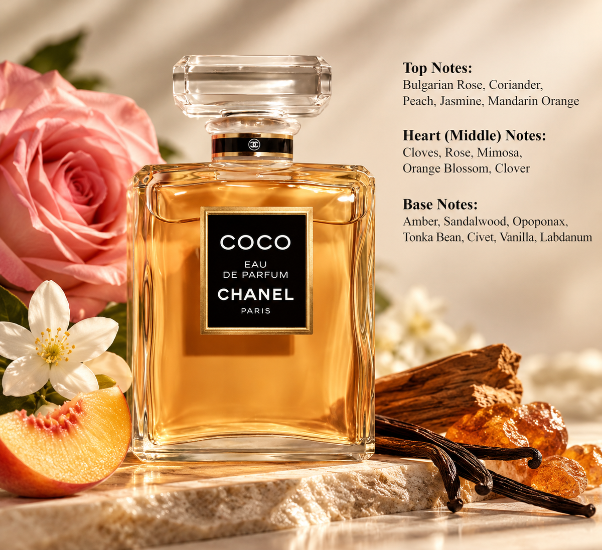 Chanel Coco Eau de Parfum for women in an elegant amber glass bottle with a black and gold label, surrounded by pink roses, jasmine, peach, vanilla and warm sandalwood. A luxurious oriental spicy floral fragrance with amber, tonka bean and labdanum, presented in a refined golden setting.
