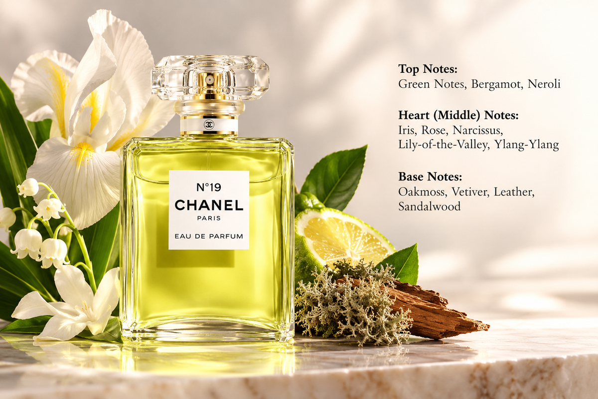 Chanel No. 19 Eau de Parfum in an elegant transparent glass bottle with golden-yellow fragrance and a crystal cap, surrounded by delicate white iris flowers, lily of the valley, fresh bergamot, green leaves and sandalwood. A luxurious floral green fragrance with rose, vetiver, oakmoss and woody notes.