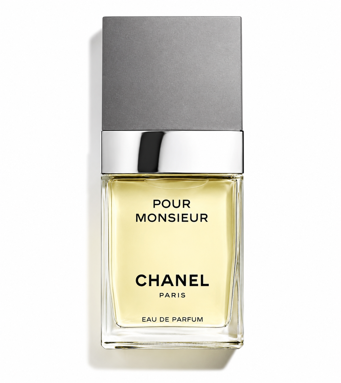 Chanel Pour Monsieur Eau de Parfum, exact original bottle, packaging, proportions and branding. Front-facing, centered on a pure white background. Clean professional studio lighting, soft natural shadow, sharp details, photorealistic luxury e-commerce product photography