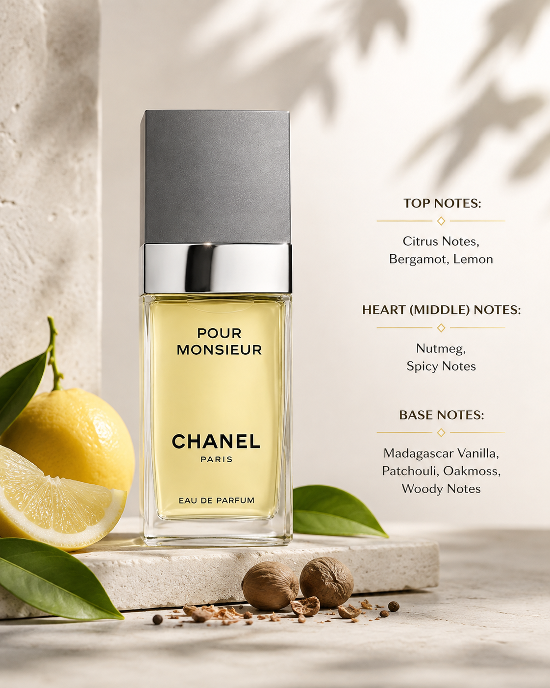 Chanel Pour Monsieur Eau de Parfum, exact original bottle and branding, centered on light beige stone. Warm cream background, soft natural sunlight and elegant shadows. Fresh lemon and bergamot with subtle nutmeg and green leaves around the product. Minimal luxury composition, photorealistic premium fragrance photography.