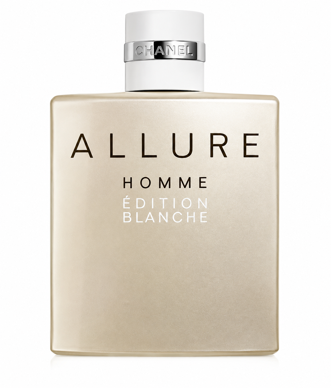 Chanel Allure Homme Édition Blanche Eau de Parfum in its iconic minimalist rectangular bottle with a refined warm ivory-champagne metallic finish, softly rounded edges, crisp black “ALLURE HOMME” lettering, white “ÉDITION BLANCHE” typography, and a matte white cylindrical cap accented by a polished silver CHANEL band. Displayed front-facing and perfectly centered on a pure white background with premium studio lighting.