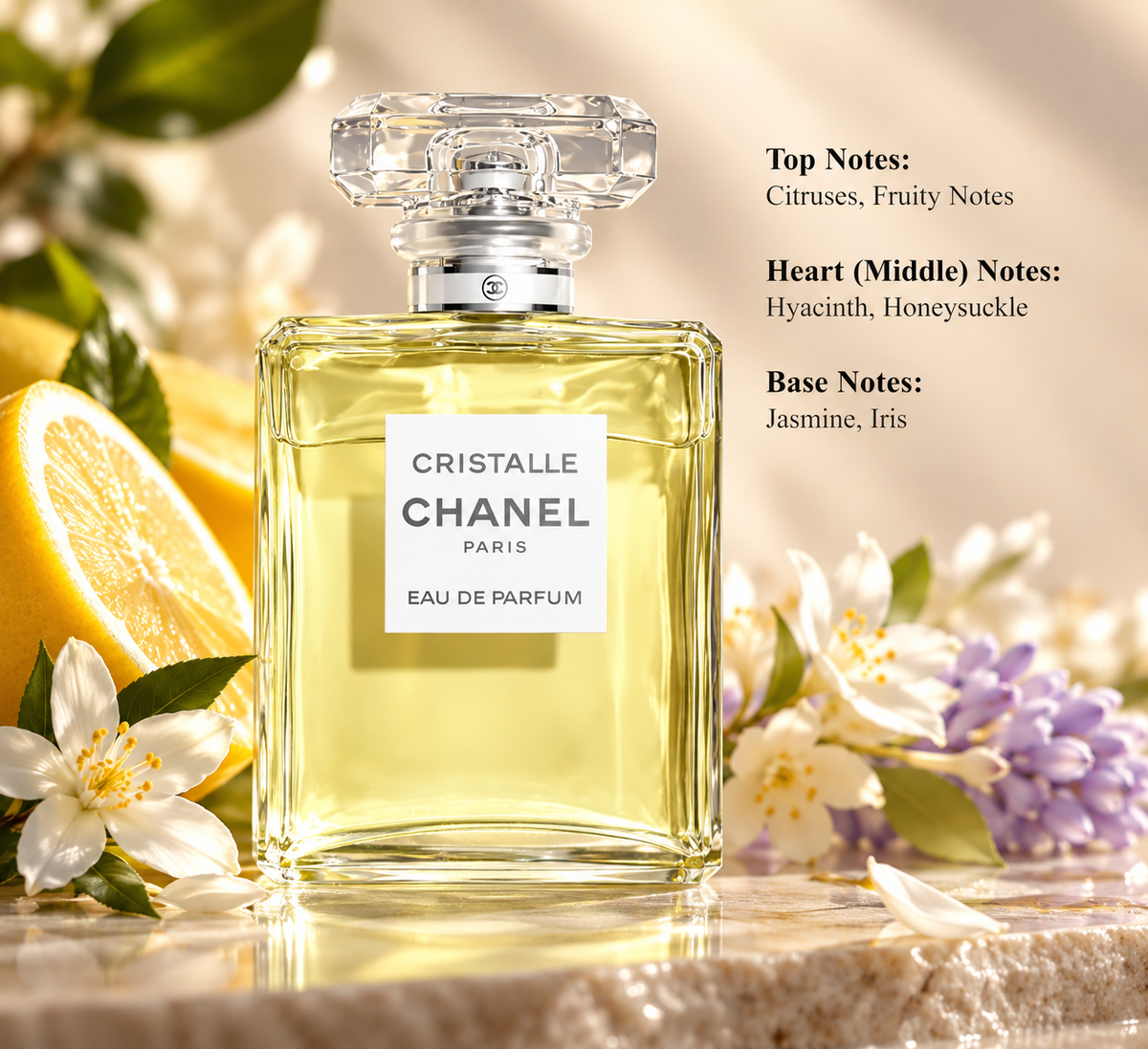 Chanel Cristalle Eau de Parfum for women in an elegant transparent glass bottle with pale golden perfume and a faceted crystal cap, surrounded by fresh citrus fruits, jasmine, honeysuckle and delicate hyacinth flowers. A refined floral green fragrance with a luxurious beige background.