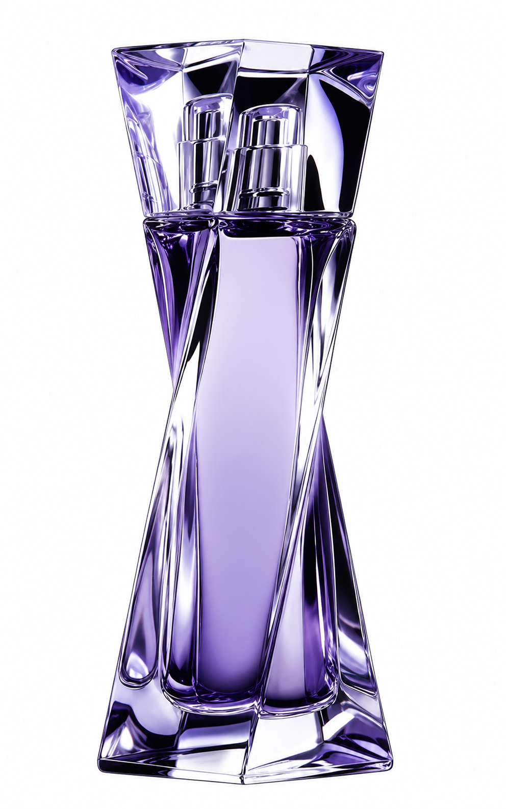 Lancôme Hypnôse Eau de Parfum bottle isolated on a white background, featuring a sculptural twisted glass design in translucent purple with a sleek silver spray cap and elegant faceted silhouette.
