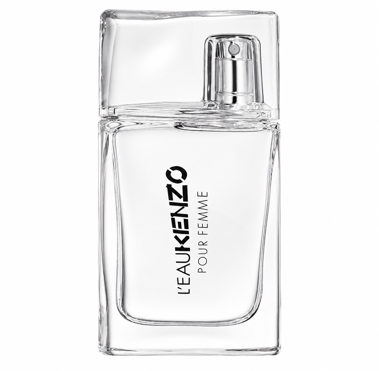 Kenzo L'Eau Kenzo Pour Femme Eau de Toilette bottle isolated on a white background, featuring a minimalist transparent glass bottle with a clear rectangular cap and black L'Eau Kenzo Pour Femme branding.