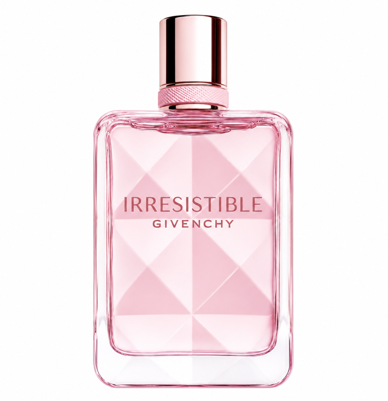 Givenchy Irresistible Eau de Parfum Nude Velvet bottle isolated on a white background, featuring a soft pink faceted design with a transparent glass bottle and elegant rose-gold cap.