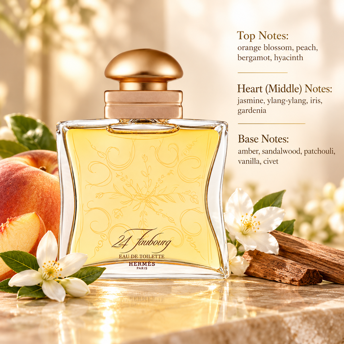 Hermès 24 Faubourg Eau de Toilette for women in an elegant golden glass bottle with intricate floral engravings and a rounded gold cap, surrounded by ripe peaches, delicate white jasmine flowers and warm sandalwood. A luxurious floral amber perfume with orange blossom, ylang-ylang and vanilla, presented in a sophisticated, sunlit beige setting.