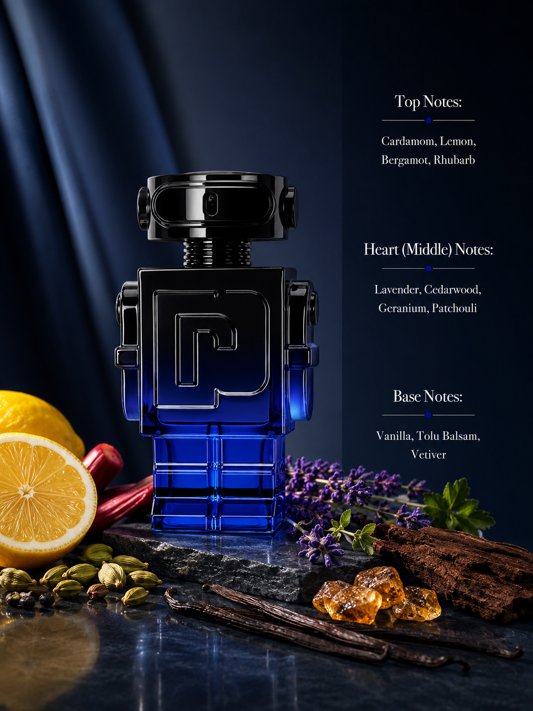 Rabanne Phantom Parfum displayed with fragrance notes, surrounded by lemon, rhubarb, cardamom, lavender, cedarwood, geranium, patchouli, vanilla pods, tolu balsam, vetiver, and amber resin, highlighting its fresh, aromatic, woody, and warm fragrance profile.
