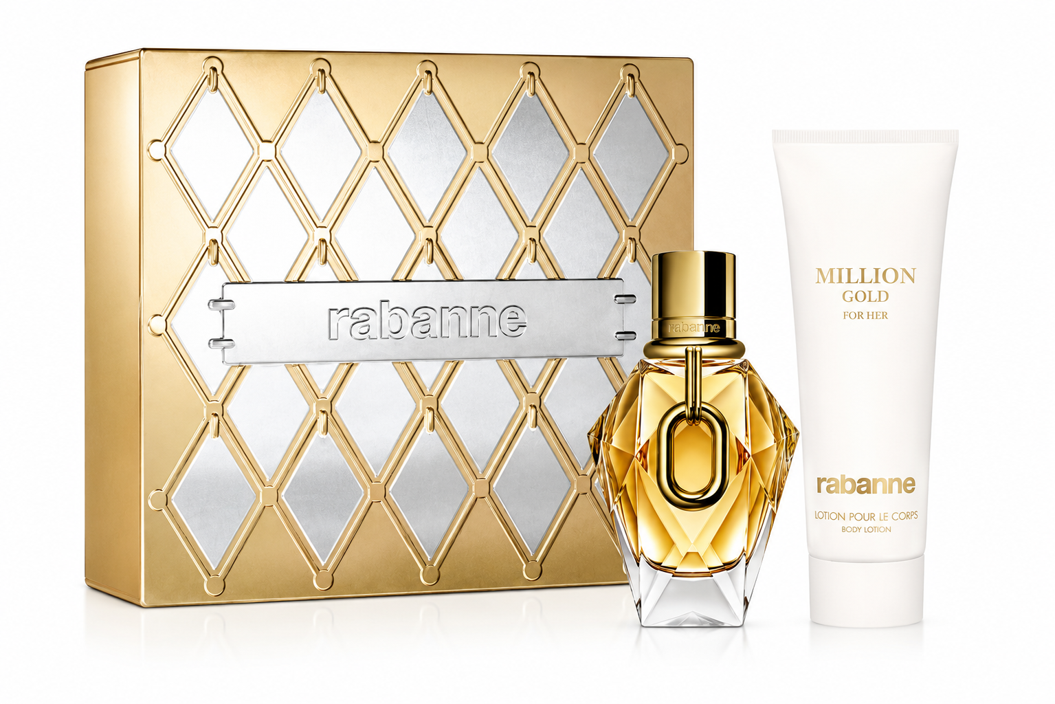 Rabanne Million Gold For Her Gift Set featuring Eau de Parfum and body lotion in a luxury gold gift box