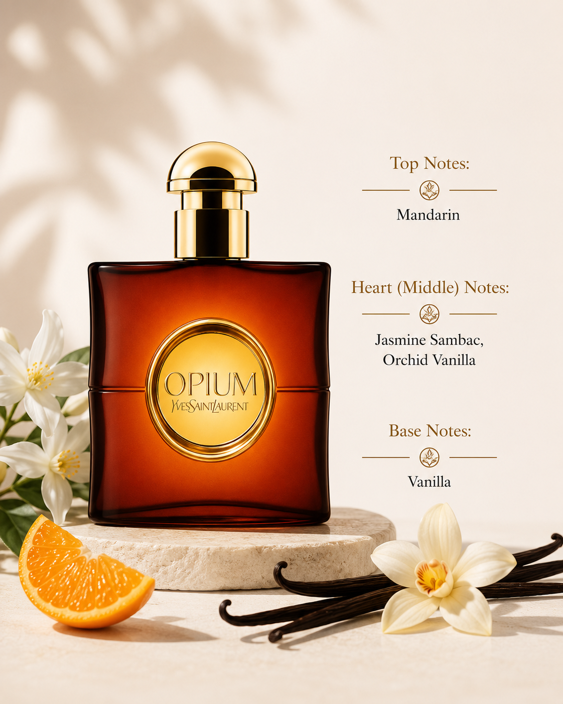 Yves Saint Laurent Opium Eau de Toilette displayed with fragrance notes, surrounded by mandarin, jasmine sambac, vanilla orchid, vanilla pods, white flowers, and citrus accents, highlighting its bright citrus opening, sensual floral heart, and rich vanilla base.