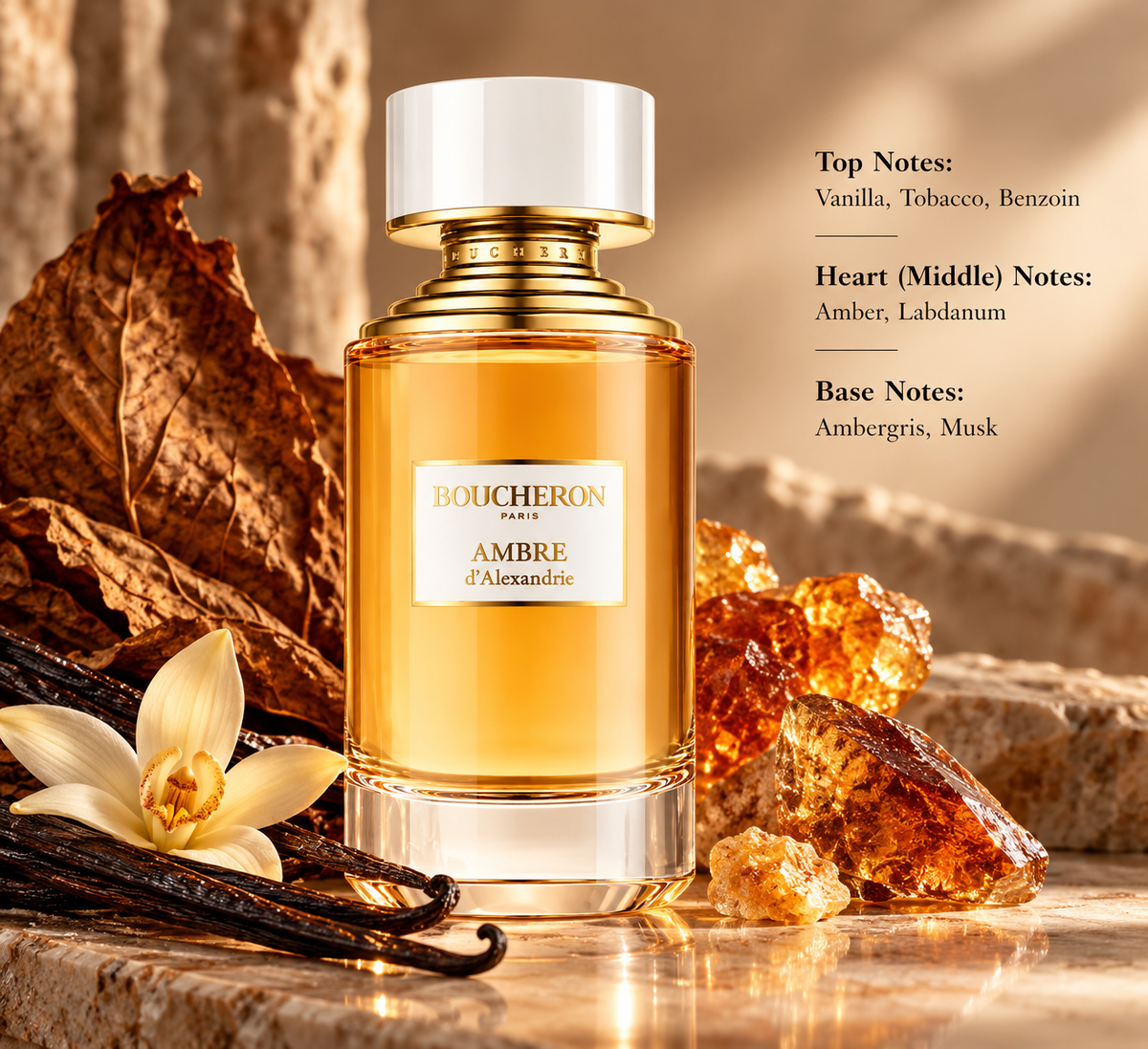 Boucheron Ambre d’Alexandrie perfume bottle in a warm amber setting with vanilla, tobacco and resinous elements, highlighting its rich amber, labdanum, benzoin and musk fragrance profile.