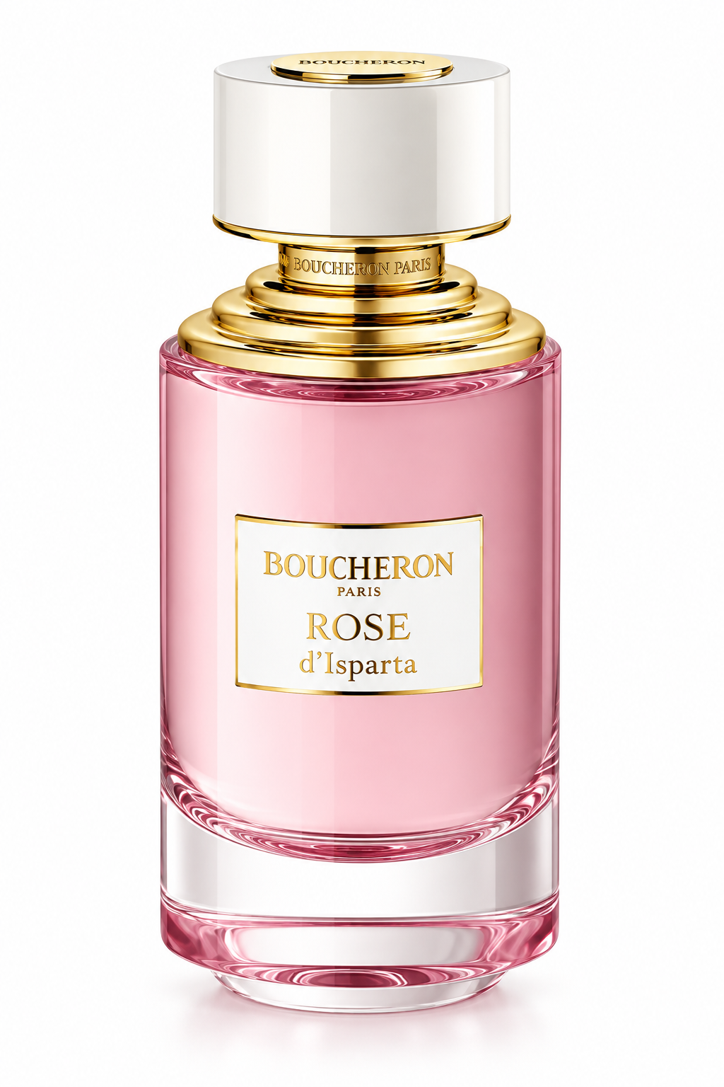 Boucheron Rose d’Isparta perfume bottle with elegant pink glass, white cap and luxurious gold detailing, photographed on a clean white background.