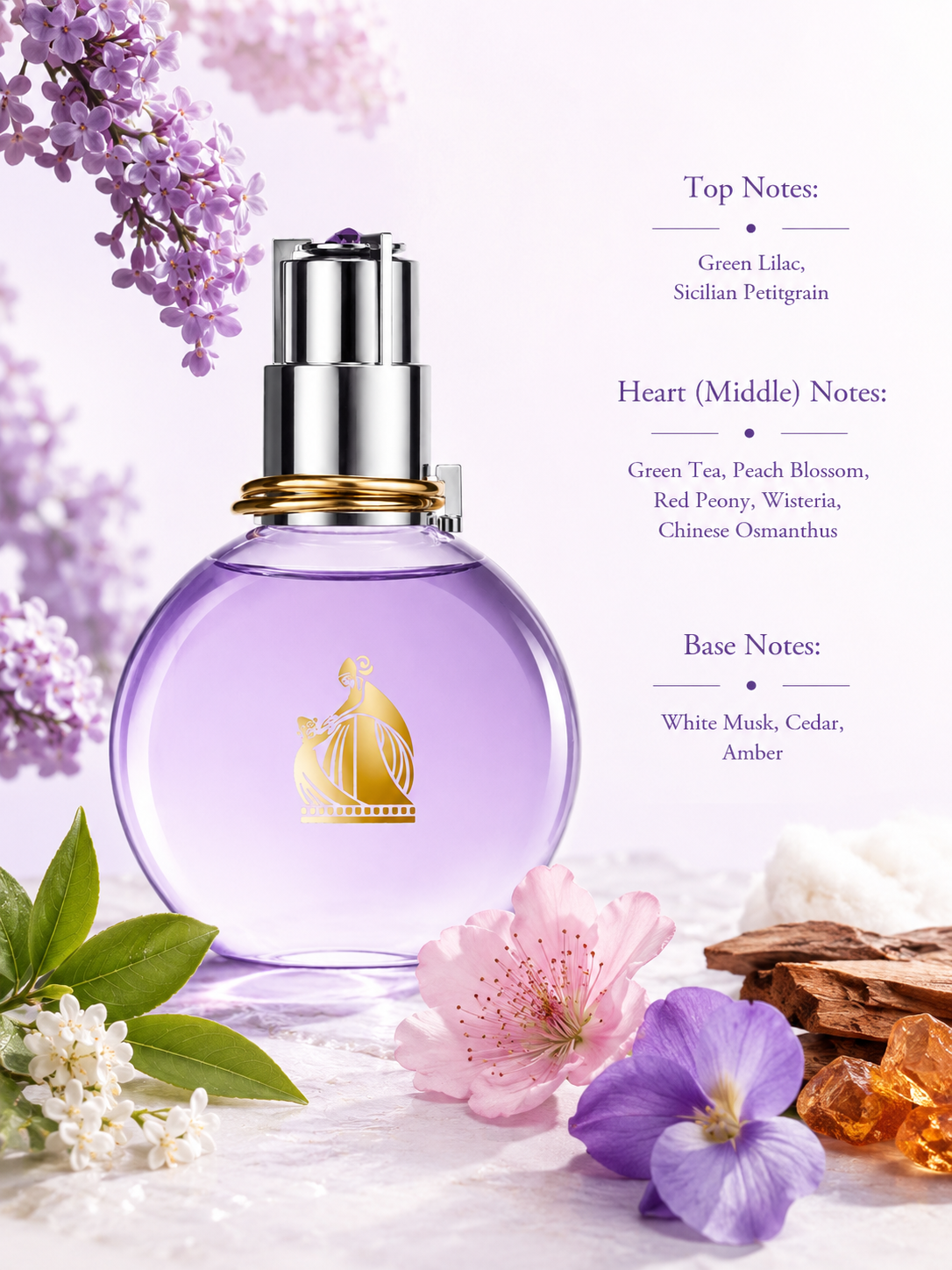 Lanvin Éclat d'Arpège Eau de Parfum displayed with fragrance notes, surrounded by lilac blossoms, green leaves, peach blossom, peony, wisteria, osmanthus, cedarwood, amber, and white musk, highlighting its delicate floral-musky fragrance with fresh green and soft woody accords.