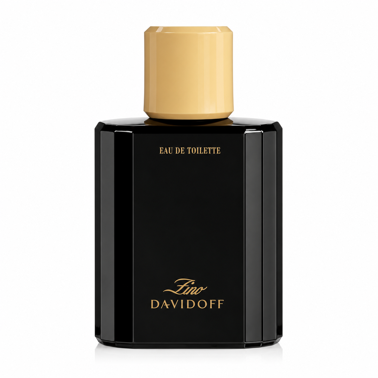 Davidoff Zino Eau de Toilette bottle isolated on a white background, featuring a glossy black flacon with a gold cap and an elegant, timeless design.