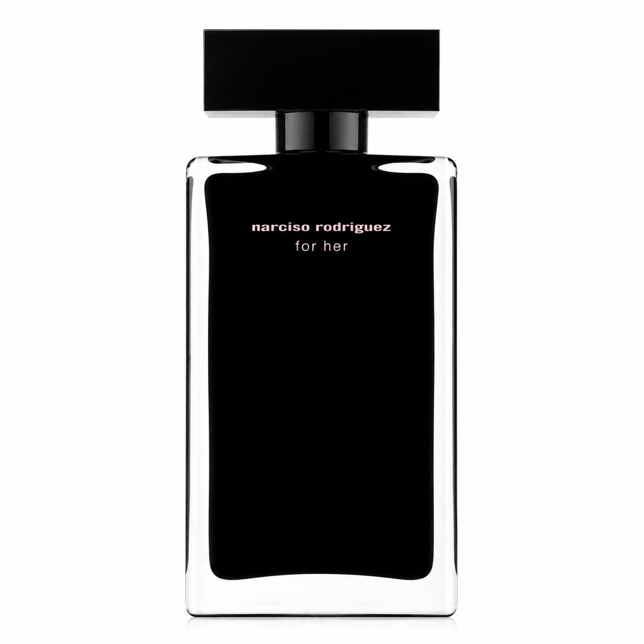 Narciso Rodriguez For Her Eau de Parfum Intense bottle isolated on a white background, featuring a minimalist rectangular clear glass bottle with a glossy black inner lacquered design, matching black rectangular cap, and soft pink Narciso Rodriguez logo.