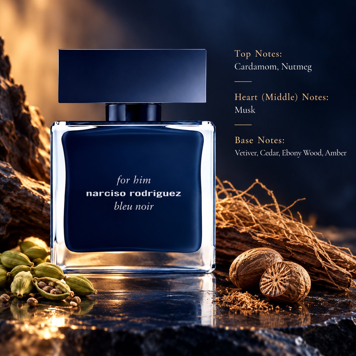 Narciso Rodriguez For Him Bleu Noir men's fragrance in an elegant navy blue bottle, surrounded by cardamom, nutmeg and warm woody elements. A sophisticated spicy woody musk scent with vetiver, cedar, ebony wood and amber, presented in a luxurious, masculine setting.