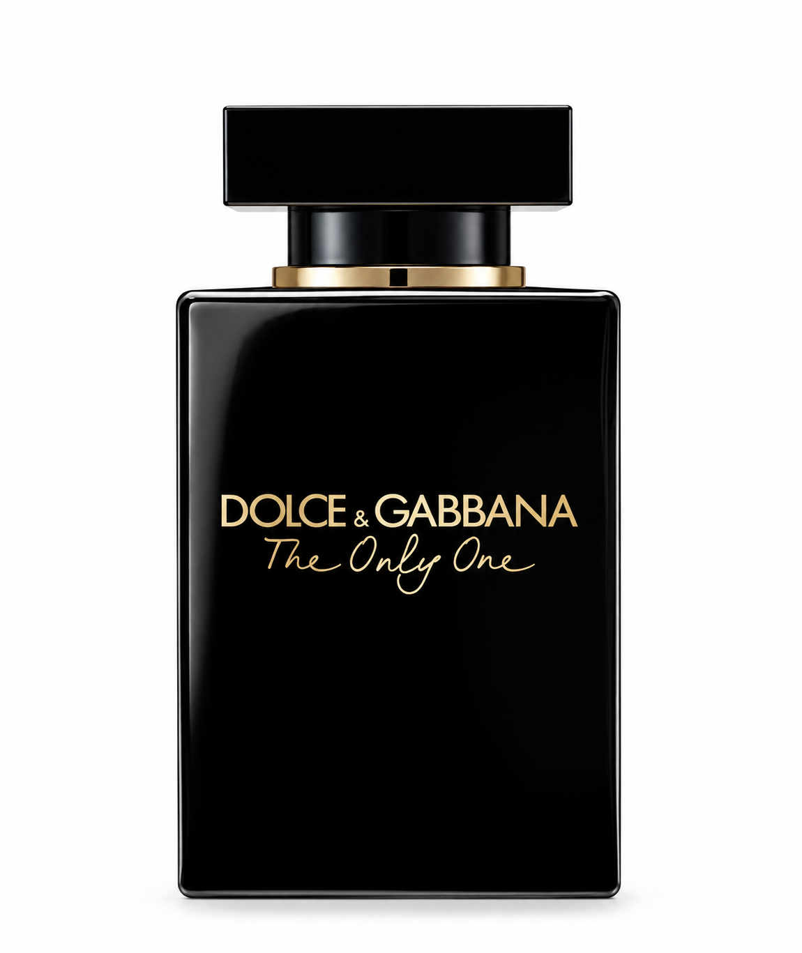 Dolce & Gabbana The Only One Eau de Parfum for women, featuring an elegant glossy black rectangular perfume bottle with a matching black cap, gold neck detailing and signature gold lettering, photographed against a clean white background.