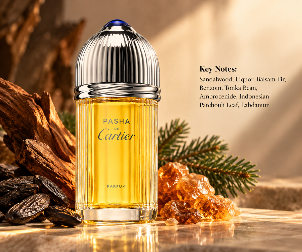 Cartier Pasha de Cartier Parfum presented with sandalwood, tonka bean, balsam fir and amber-toned resin elements in a warm, elegant setting highlighting its rich woody and ambery character.