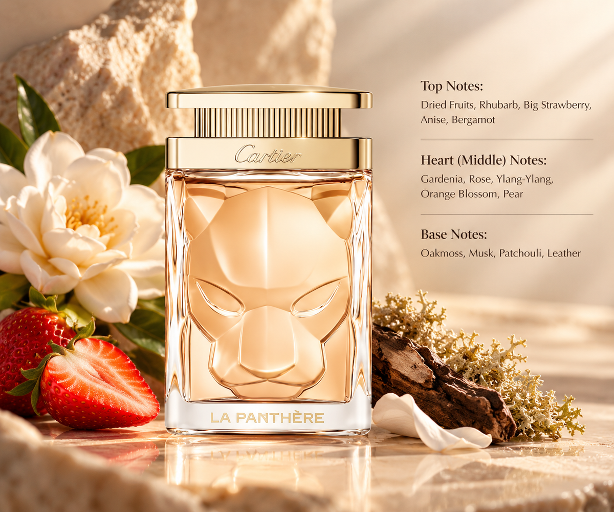 Cartier La Panthère perfume displayed in an elegant warm setting with strawberries, white gardenia flowers, oakmoss and woody elements, highlighting its fruity, floral and chypre fragrance character.