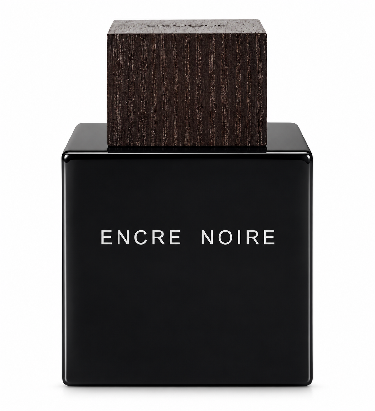 Lalique Encre Noire perfume in an iconic minimalist black square glass bottle with white lettering and a dark wood-textured cube cap, photographed on a clean white background.