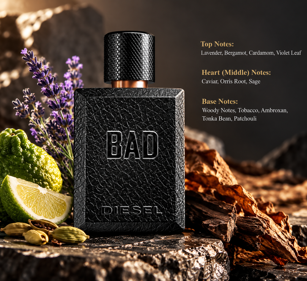 Diesel BAD Eau de Toilette for men, featuring a textured black perfume bottle surrounded by fresh bergamot, lavender, cardamom pods and rich woods. A bold masculine woody aromatic fragrance with violet leaf, caviar, orris root, sage, tobacco, ambroxan, tonka bean and patchouli notes, presented against a dramatic dark background.