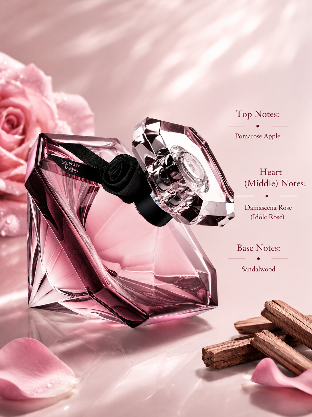 Lancôme La Nuit Trésor displayed with its fragrance notes, surrounded by pink rose petals and sandalwood, highlighting its romantic fruity floral scent with Pomarose apple, Damascena rose, and a warm sandalwood base.