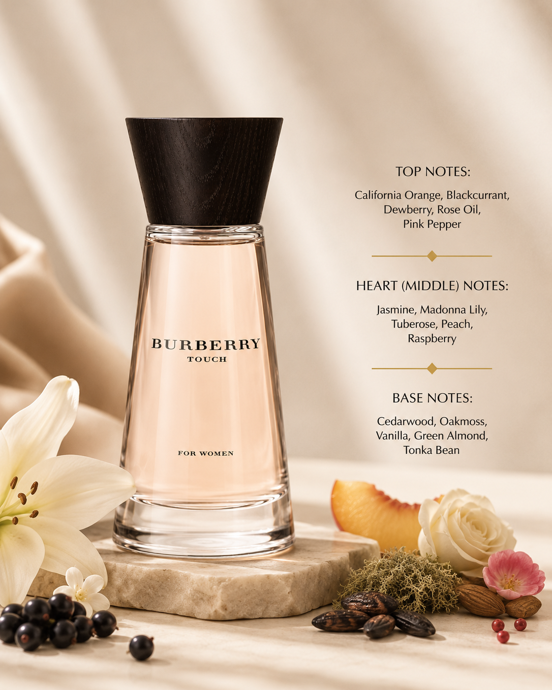 Burberry Touch For Women perfume bottle with a black cap and pale pink liquid, styled on a marble slab with flowers, berries, and scent notes text on a warm beige background.