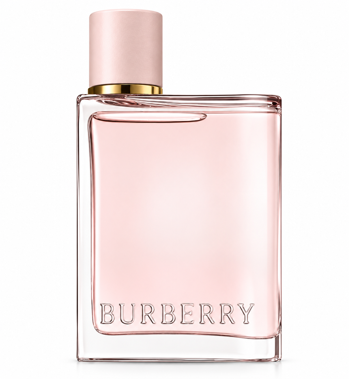 Burberry Her Eau de Parfum perfume bottle for women, featuring soft pink fragrance liquid, a pale pink cap and elegant gold detailing on a clean white background.