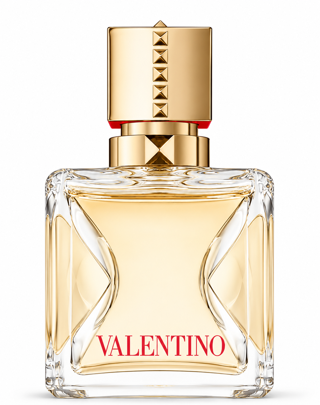 Valentino Voce Viva Eau de Parfum bottle isolated on a white background, featuring a transparent rectangular glass bottle filled with golden fragrance, a luxurious gold studded cap with red accents, and the iconic Valentino logo in red, showcasing its elegant and modern design.