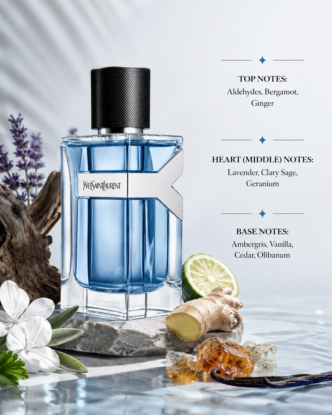 Yves Saint Laurent Y Eau de Toilette displayed in a sophisticated modern setting with fresh bergamot, sliced ginger, aromatic lavender, clary sage, geranium blossoms, cedarwood, vanilla pods, olibanum resin and warm ambergris-inspired crystals on a polished stone surface, creating a clean, fresh and masculine atmosphere that reflects the fragrance's vibrant citrus opening, aromatic heart and elegant woody-amber base.