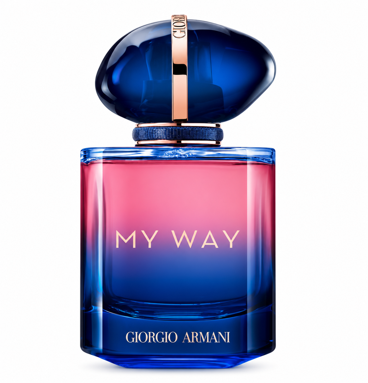 Giorgio Armani My Way Eau de Parfum in an elegant blue and pink gradient glass bottle with a deep blue sculptural cap and rose gold accents. Luxury women's floral perfume with Giorgio Armani branding, photographed against a clean white background.