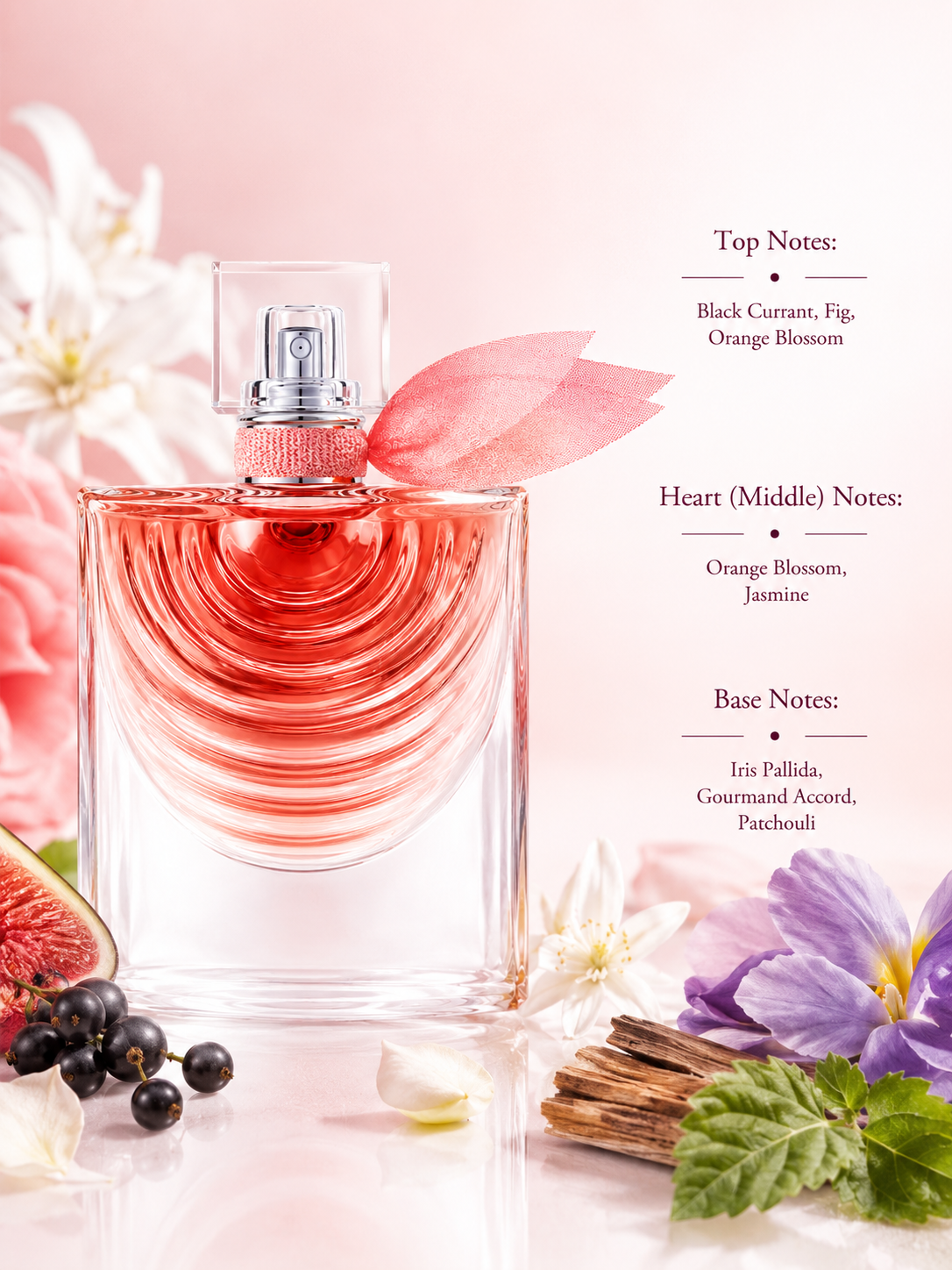 Lancôme La Vie Est Belle Iris Absolu Eau de Parfum displayed with fragrance notes, surrounded by blackcurrants, fresh fig, orange blossom, jasmine, iris flowers, patchouli, and gourmand accords, highlighting its luminous fruity floral fragrance with rich iris and sweet woody notes.