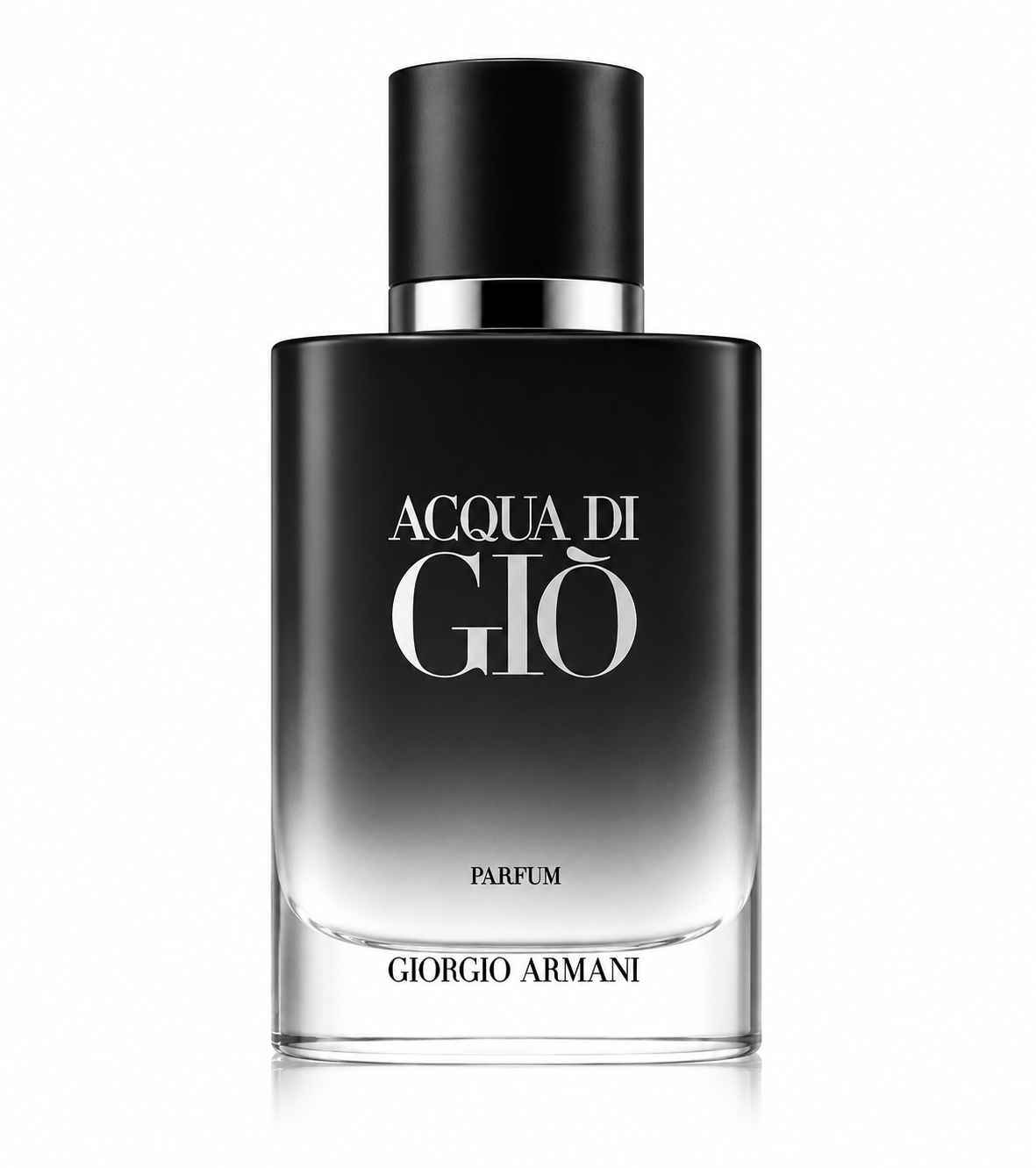 Giorgio Armani Acqua di Giò Parfum bottle with a matte black gradient glass design, silver accents and a minimalist black cap.