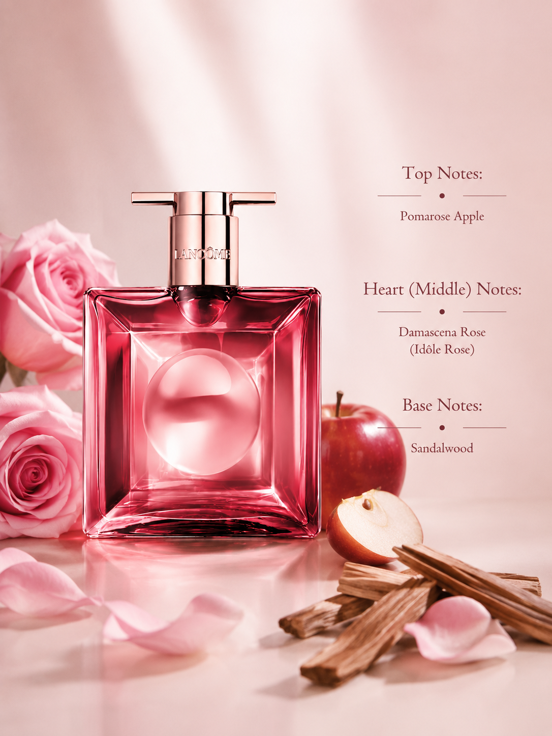 Lancôme Idôle Neo Eau de Parfum displayed with its fragrance notes, surrounded by pink roses, fresh apple, and sandalwood, highlighting its modern fruity floral fragrance with Damascena rose and a smooth woody finish.