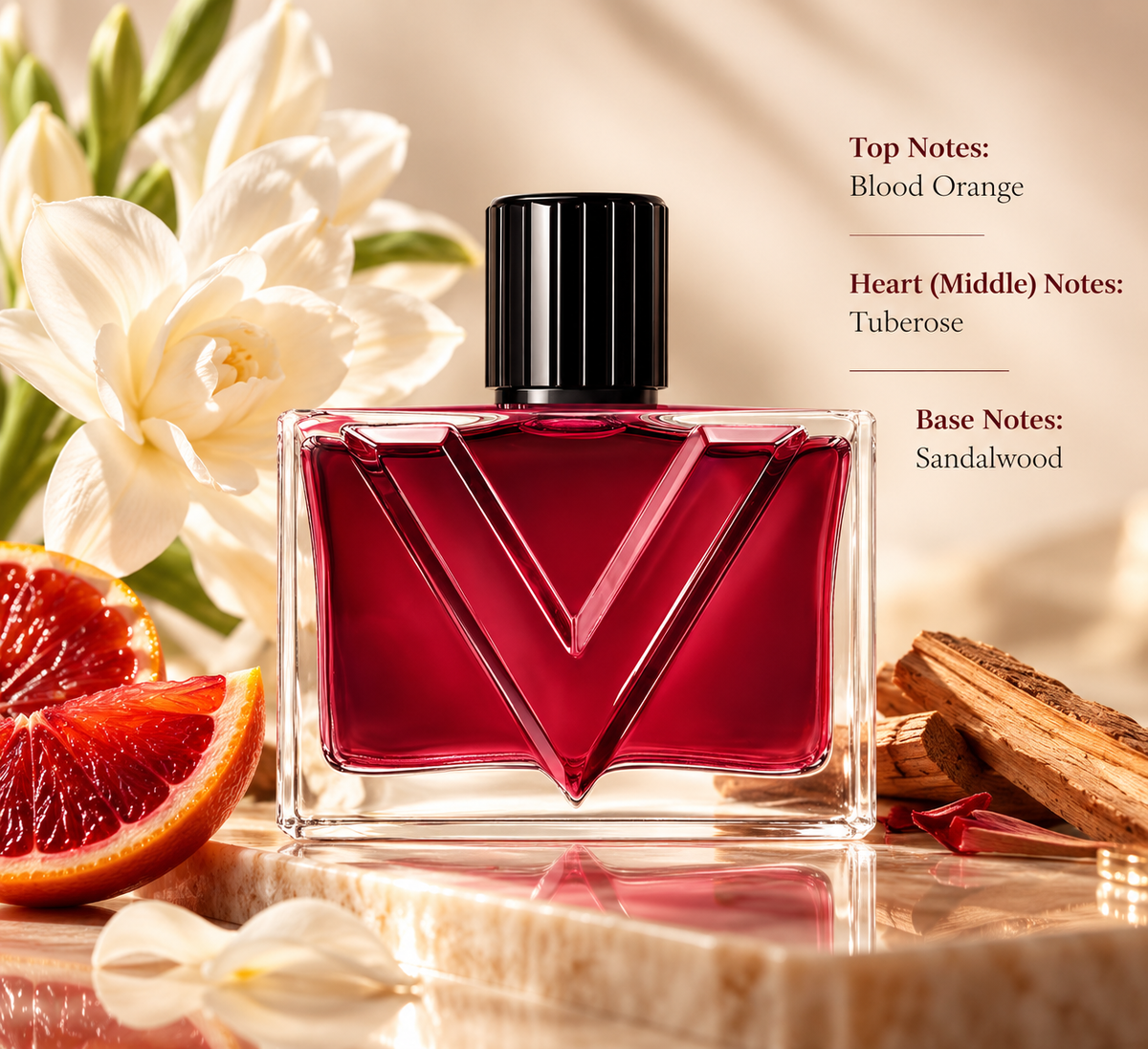Elegant red perfume bottle with a bold V-shaped design and black cap, displayed on warm marble beside blood orange slices, white tuberose flowers and sandalwood. A luxurious floral woody fragrance composition with blood orange top notes, tuberose heart notes and a warm sandalwood base.