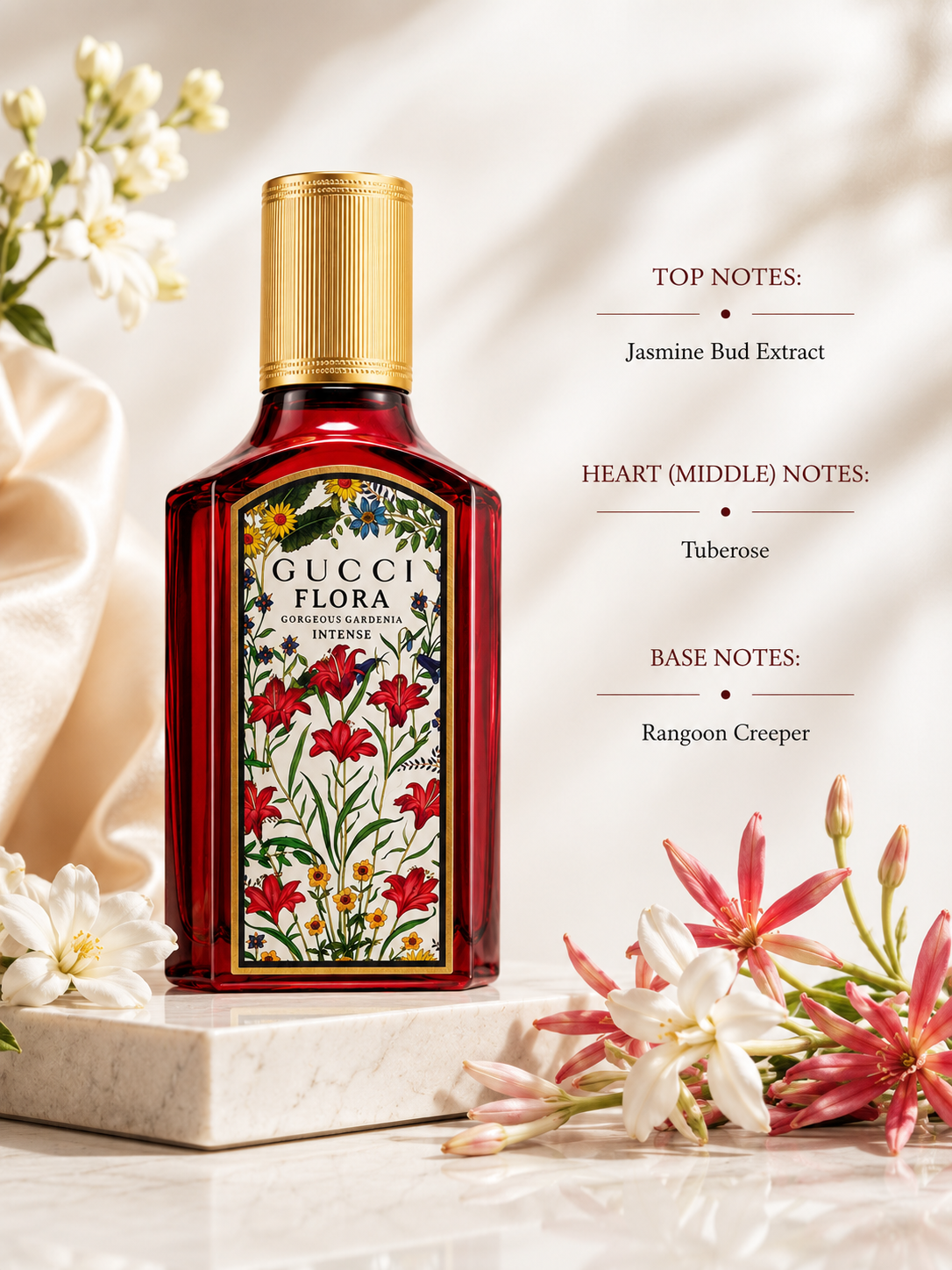 Gucci Flora Gorgeous Gardenia Intense Eau de Parfum displayed with fragrance notes, surrounded by jasmine blossoms, creamy tuberose and pink Rangoon creeper flowers, emphasizing its rich white floral composition with an elegant, luminous atmosphere.