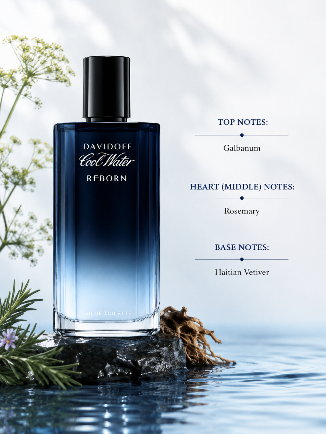 Davidoff Cool Water Reborn Eau de Toilette with fragrance notes, displayed beside rosemary, galbanum and Haitian vetiver, highlighting a fresh aromatic opening, herbal heart and woody earthy base.