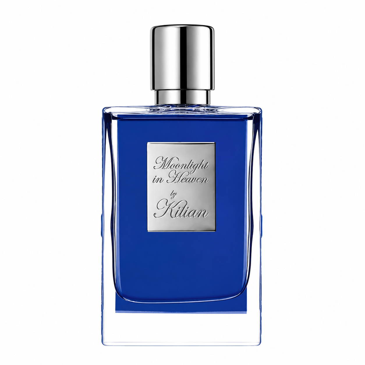 By Kilian Moonlight in Heaven Eau de Parfum bottle isolated on a white background, featuring a deep cobalt blue rectangular glass bottle with a polished silver plaque and a sleek chrome cylindrical cap.
