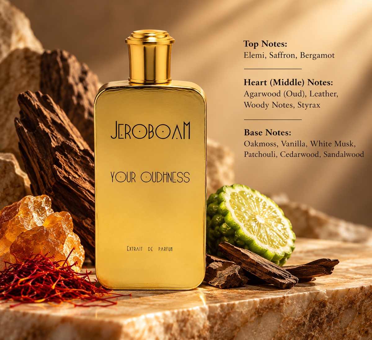 Jeroboam Your Oudness Extrait de Parfum in a luxurious gold bottle on warm marble, surrounded by oud wood, saffron, bergamot and amber-colored resin. An intense woody oriental niche fragrance with elemi, leather, vanilla, oakmoss, patchouli, cedarwood, sandalwood and white musk.
