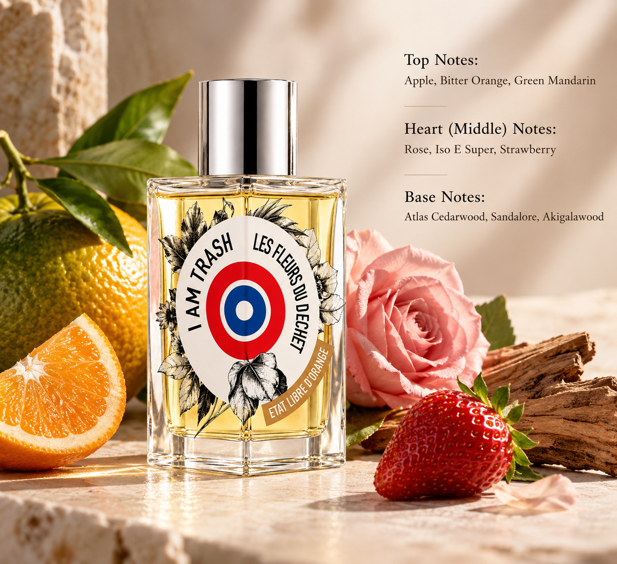 Etat Libre d’Orange I Am Trash Les Fleurs du Déchet perfume bottle displayed with orange, rose, strawberry and warm woody elements, alongside its fruity, floral and woody fragrance notes.
