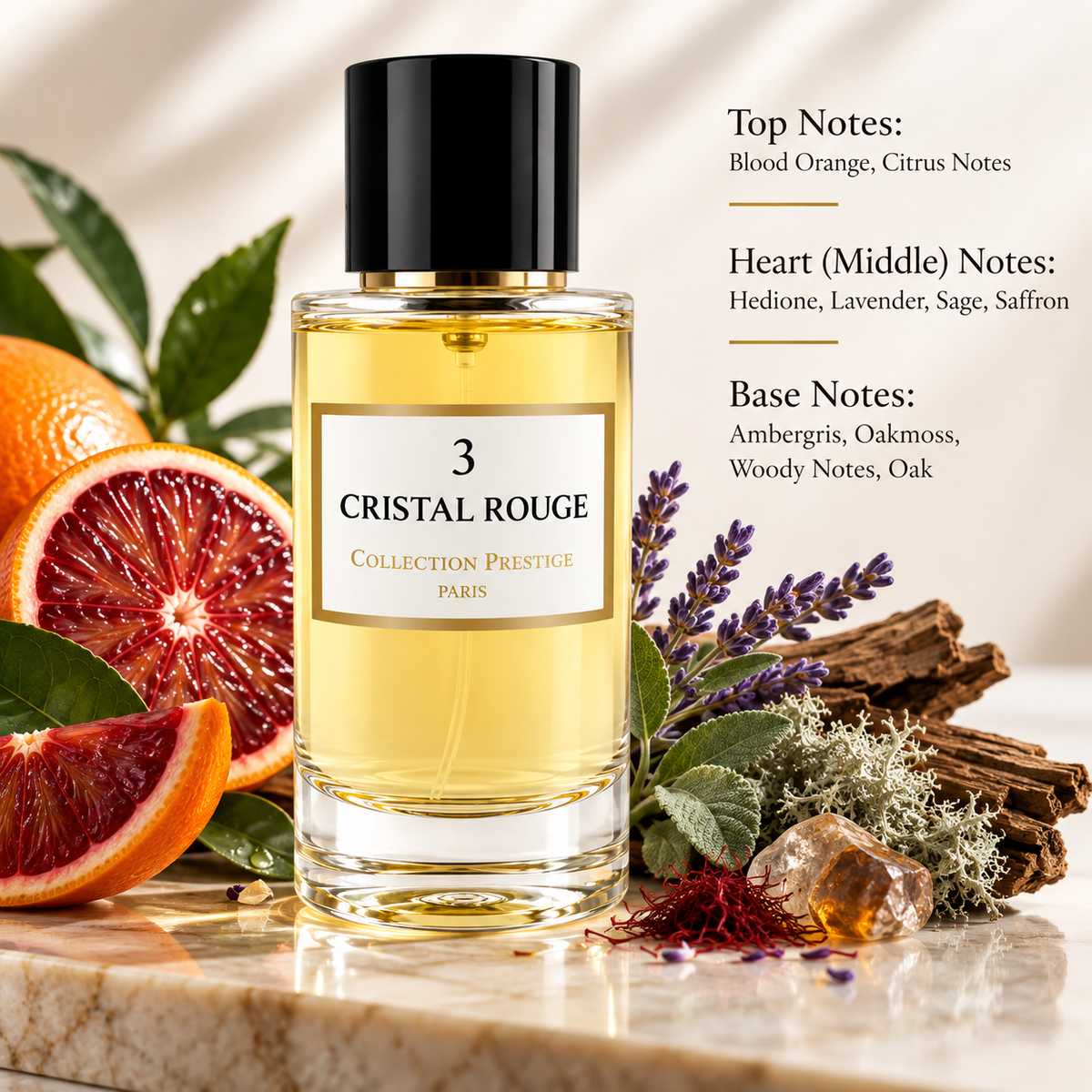 Collection Prestige Cristal Rouge No.3 50ml displayed in a sophisticated citrus and woody composition with blood orange, lavender, sage, saffron, ambergris, oakmoss and woody elements, reflecting its fresh, aromatic, warm and refined woody character.