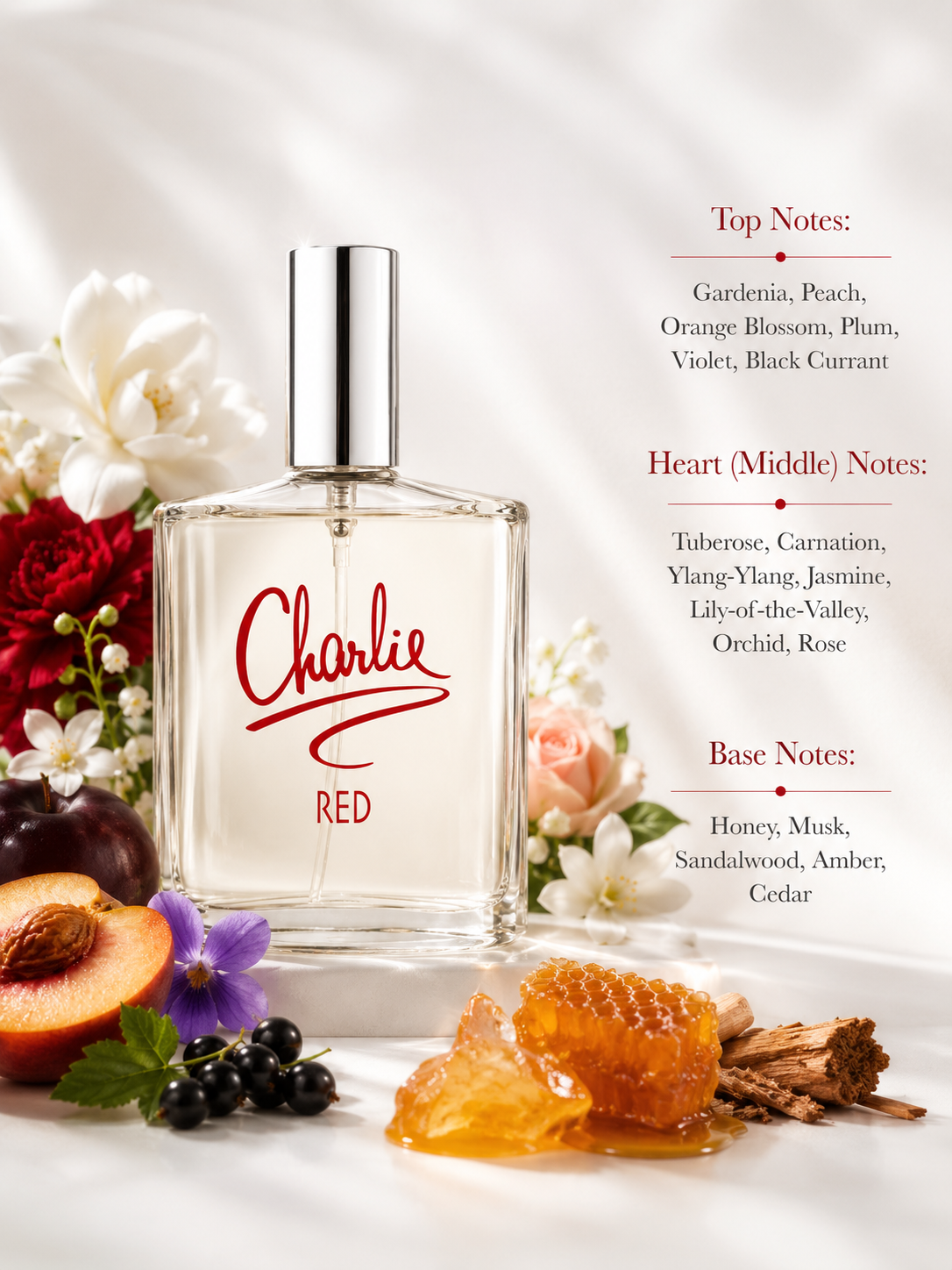 Revlon Charlie Red Eau de Toilette displayed with fragrance notes, surrounded by peach, plum, black currant, gardenia, jasmine, rose, honey, amber, sandalwood, and cedar-inspired elements, highlighting its rich floral-fruity scent with sweet fruits, white florals, warm honey, musk, and woody accords.