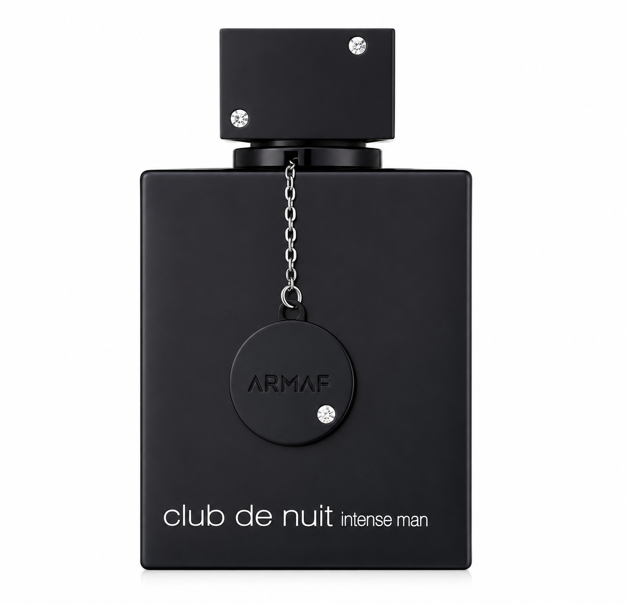 Armaf Club de Nuit Intense Man Eau de Toilette perfume bottle for men with matte black finish and signature chain pendant, front view on a white background