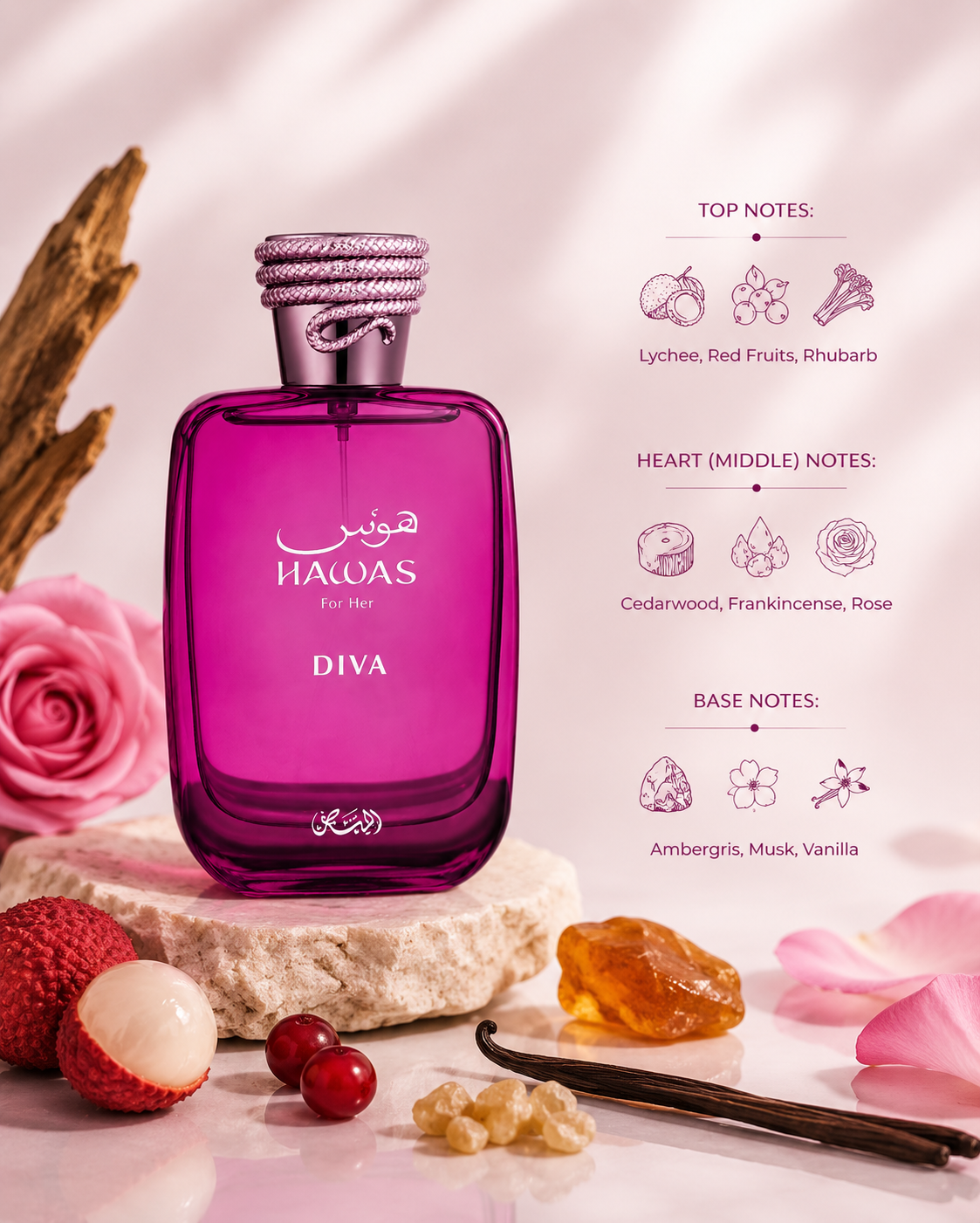 Rasasi Hawas Diva For Her deep pink perfume bottle displayed among rose petals, lychee, vanilla pods, and amber resin, emphasizing its fruity floral fragrance composition.