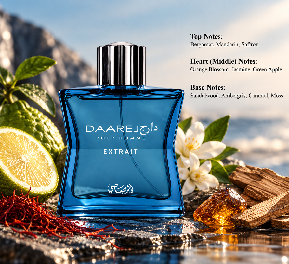 Rasasi Daarej Pour Homme Extrait for men, featuring a vibrant blue perfume bottle with a silver cap, surrounded by bergamot, mandarin, saffron, white flowers, sandalwood and amber. A masculine woody amber fragrance with green apple, jasmine, caramel and moss notes, presented against an elegant coastal background.