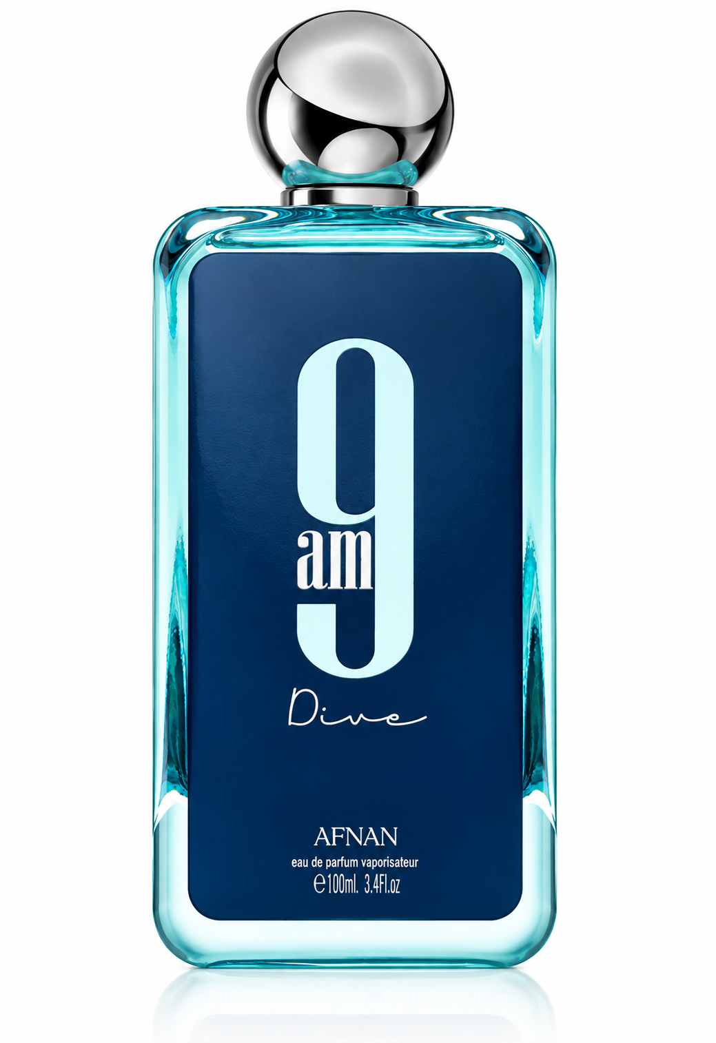 Afnan 9AM Dive Eau de Parfum 100ml, featuring its distinctive turquoise glass bottle, deep navy front panel and polished silver spherical cap, isolated on a clean white background.