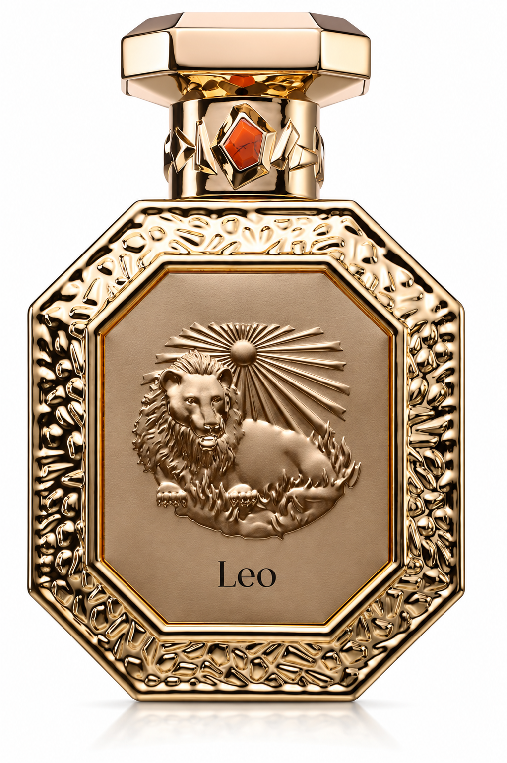 French Avenue Leo perfume in an ornate gold octagonal bottle featuring an embossed lion medallion, intricate metallic detailing and a jewel-accented cap on a clean white background.